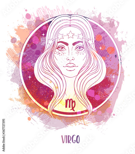 Watercolor drawing of Virgo astrological sign as a beautiful girl over paining. Zodiac vector illustration isolated on white. Future telling, horoscope, alchemy, fashion woman.