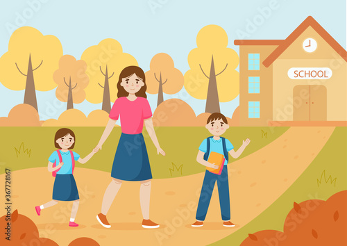 Mother and children go to school together. Vector illustration.
