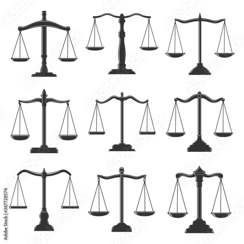 Scales, justice law, notary lawyer and legal attorney vector icons. Scales symbols of judicial justice court, advocate and legal court, advocacy, notary and jurisprudence, civil rights counsel signs