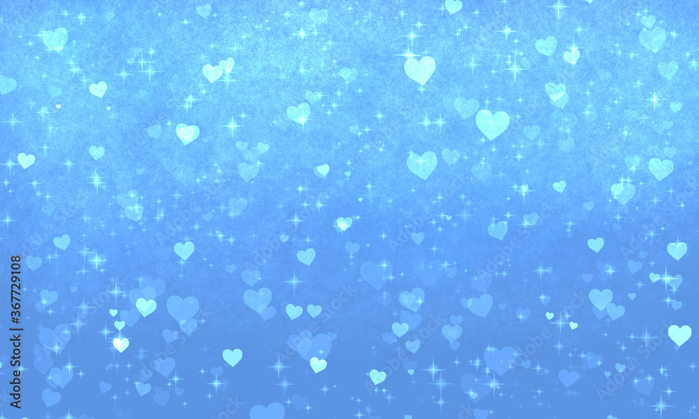 romantic elegant bright blue background with many hearts and bokeh effect