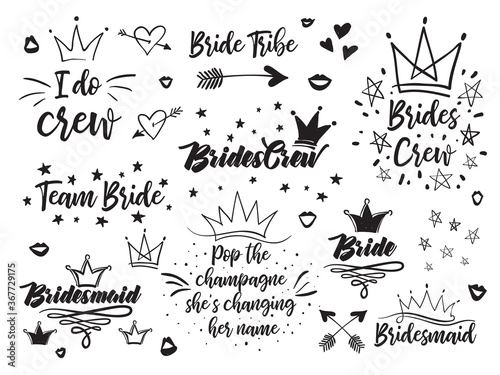 Set of hen bridal and bachelorette party vector logo, slogan, emblem, text. Black card simple t-shirt desgn and illustration on white background in hand drawn hipster style.