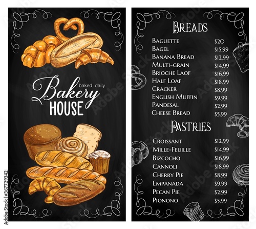 Baker shop menu chalkboard, bread and pastry, bakery food vector sketch. Bakery shop bread and pastries baguette, loaf, croissant and buns, wheat rustic toasts, rye black loaf, bagels and sweet pies