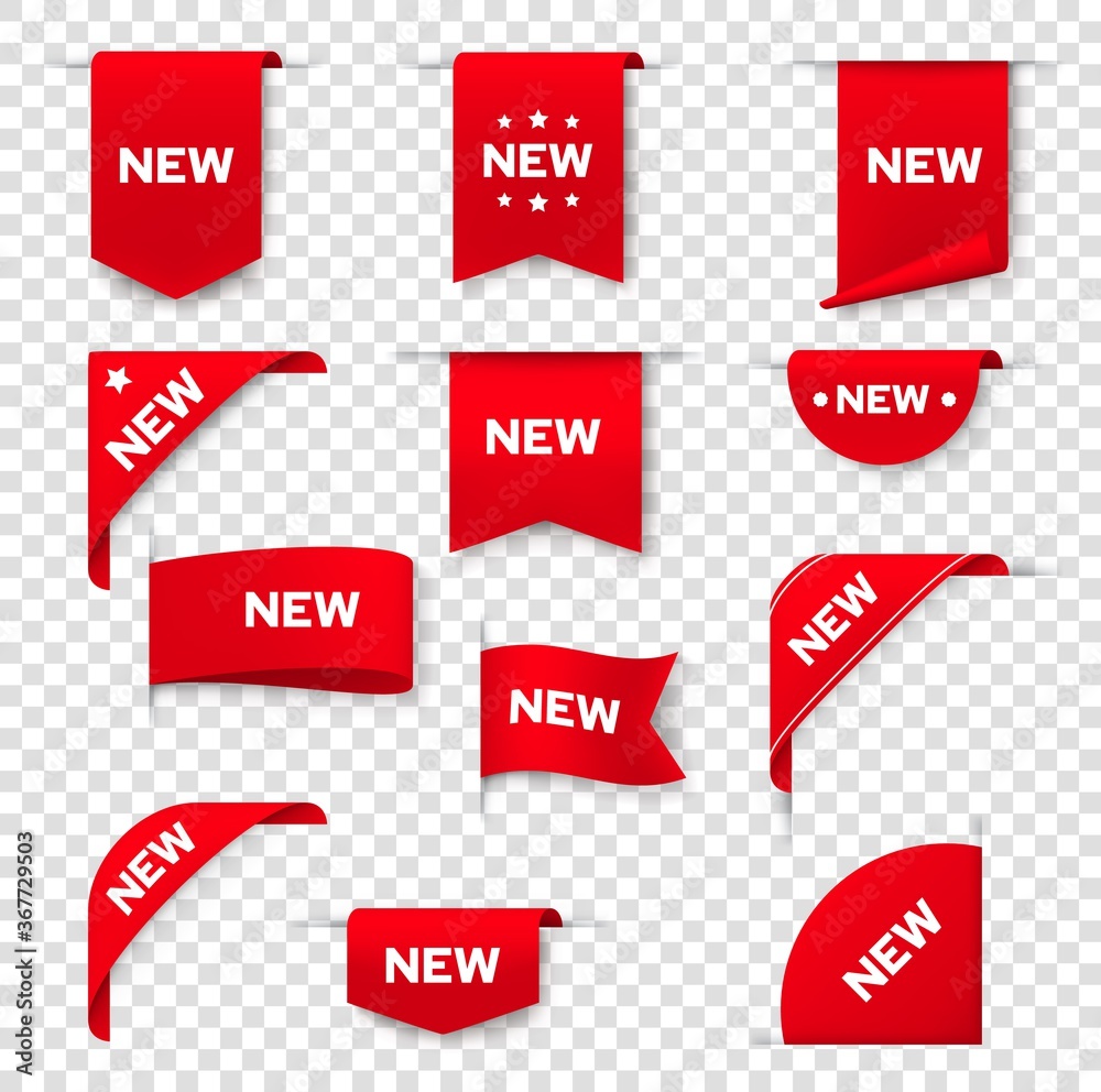 Label banners for web page, NEW tag badges, vector icons. Red sticker signs, corner label banners and ribbons for product promotion sale, new arrival in store and online shop special price offers