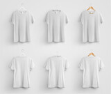 Template of universal white t-shirt, fashion clothes on background, front and back views, hanging on a hanger, for design presentation.