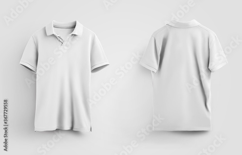 Men's white polo t-shirt template, with shadows, isolated on background, front and back view, fashionable clothes for advertising in an online store.