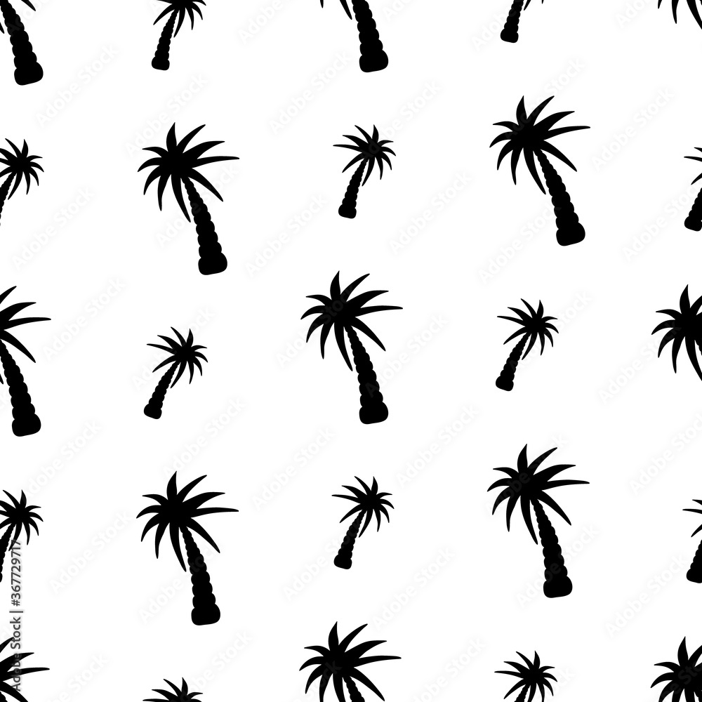 Hawaiian motives. Palma. Silhouette. Repeating ornament. Seamless vector pattern. Outline on an isolated colorless background. Flat style. Tropical tree. Palm tree. Idea for wallpapers, wrappers.