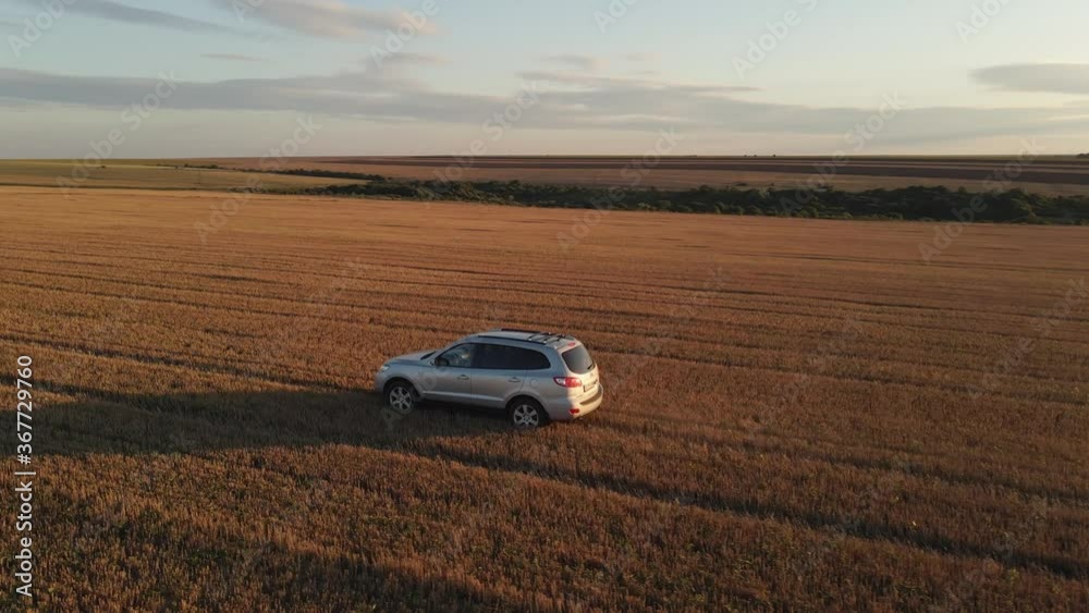 Car drives over field in cloud of dust at high speed rising in rays of sunset summer aerial view drone. Car of nature lens flare. Drive, relax. Travel, tourism in summer. Freedom. Safari Car drives over field in cloud of dust at high speed rising in rays of sunset summer aerial view drone. Car of nature lens flare. Drive, relax. Travel, tourism in summer. Freedom. Safari