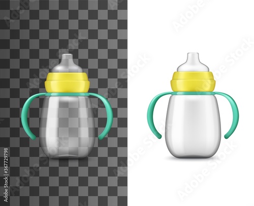 Baby bottle milk feeding, realistic mockup, vector 3D. Newborn and kids care, milk feeding baby bottle with child nutrition liquid, pacifier, yellow cap, green handles and volume measure scale