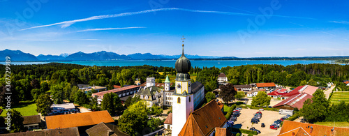 Lake Chiemsee Ising Bavaria. Aerial Panorama. Landscape. Agriculture Fields photo