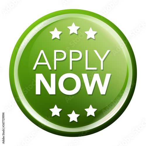 Apply now Button. Round glossy Online Shopping Badge.