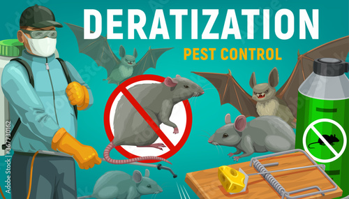 Deratization pest control, extermination and disinfestation service, vector poster. Rat, mouse and bats rodents disinfection, sanitary extermination, domestic and urban city deratization pest control