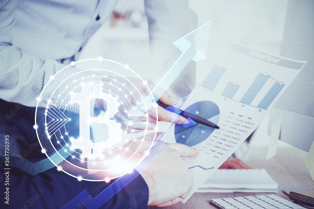 Businessman with hands background. Crypto currency concept.
