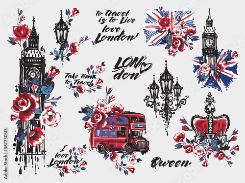 Watercolor London vector illustration collection. Retro british grunge graphic for textile design or t-shirt print. Isolated elements on white background