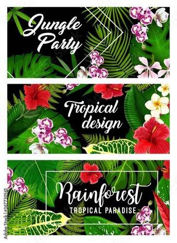 Tropical leaves, palm jungle flowers, vector summer paradise and exotic tropic green background. Tropical leaf and flowers decoration for jungle party, orchid, hibiscus and plumeria floral blossoms