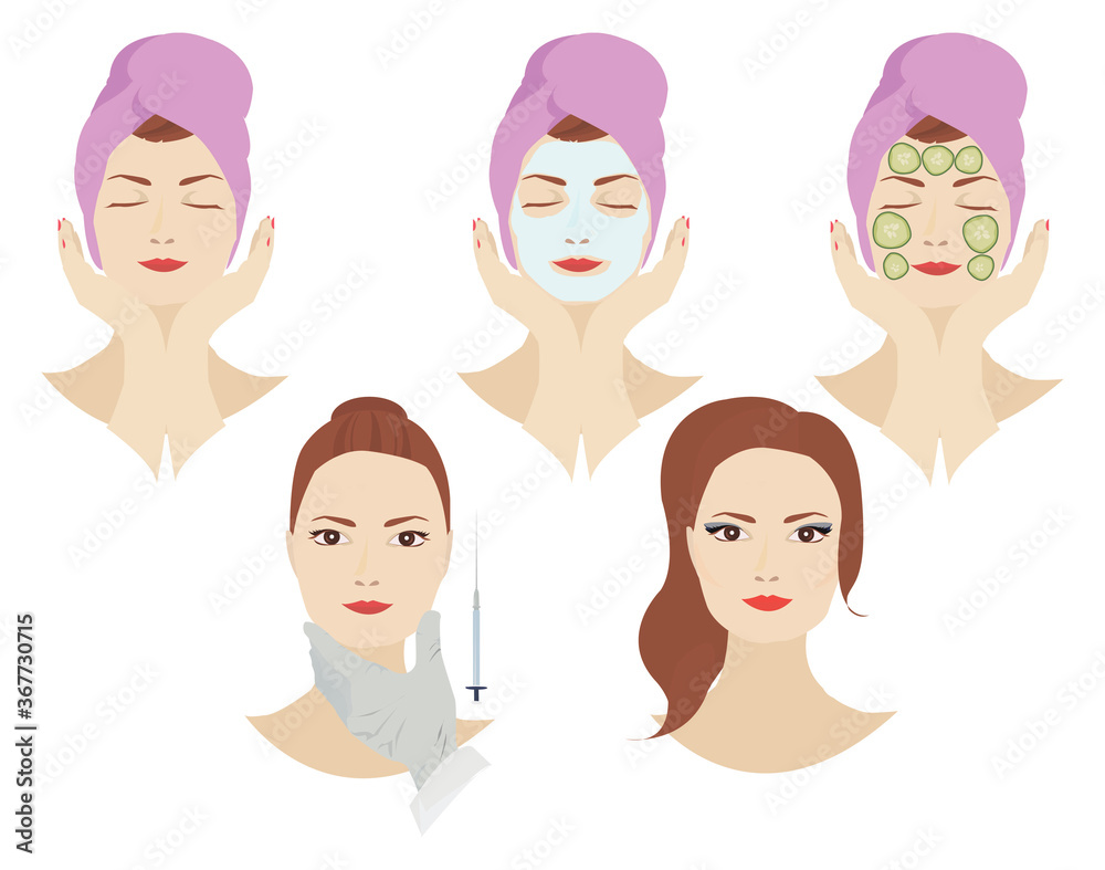 Vector illustration set of facial care procedures Vector illustration set of facial care procedures