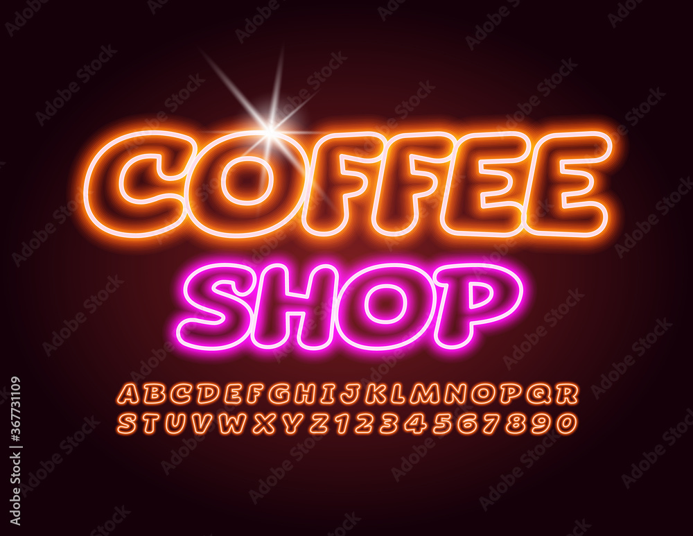 Vector neon logo Coffee Shop with Bright Electric Font. Trendy Glowing Alphabet Letters and Numbers