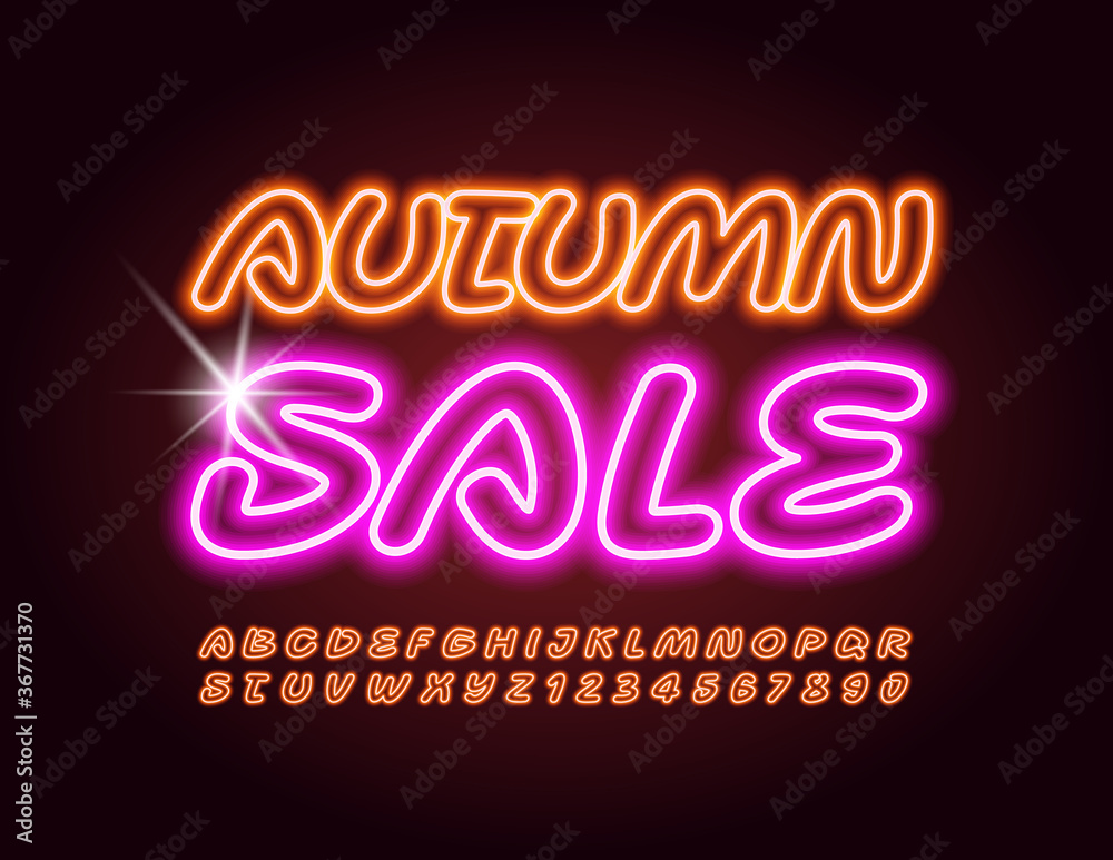 Vector promo poster Autumn Sale. Creative Neon Font. Bright electric Alphabet Letters and Numbers