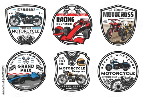 Racing sport icons, motocross and cars races championship cup emblems, vector. Motorcycle racing and motor sport cars rally or speedway club team, wheel, sportcar racetrack and finish flag signs
