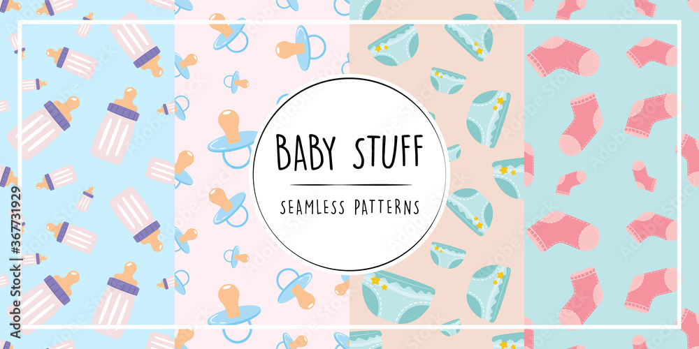 Baby stuff Seamless Patterns pacifier diaper bottle sock flat color vector Baby stuff Seamless Patterns pacifier diaper bottle sock flat color vector