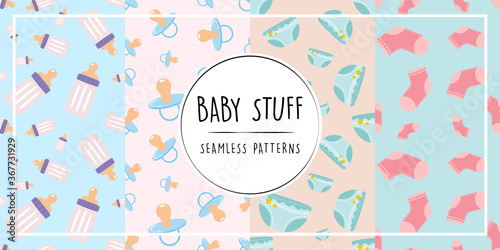 Baby stuff Seamless Patterns pacifier diaper bottle sock flat color vector