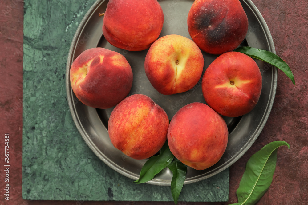 Tray with ripe peaches on table Tray with ripe peaches on table