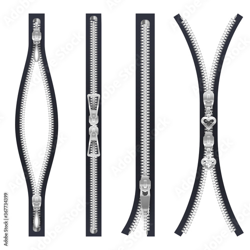 Set of isolated zipper, realistic half opened zip