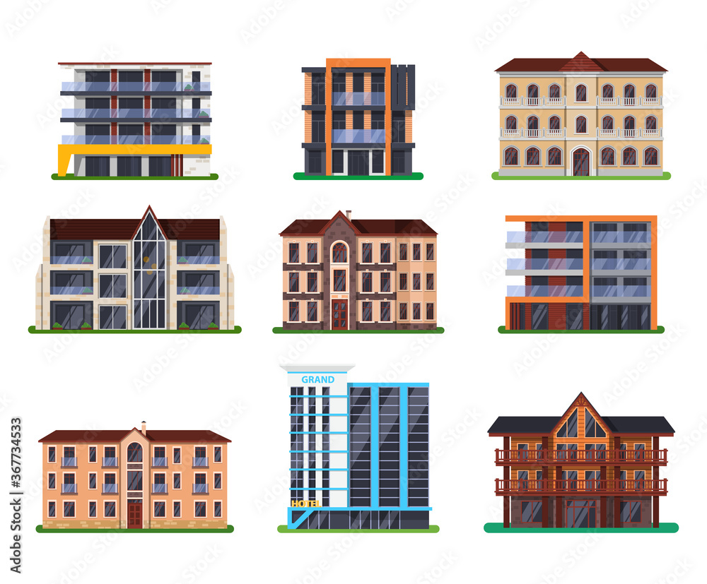 Set of isolated modern vector hotel buildings