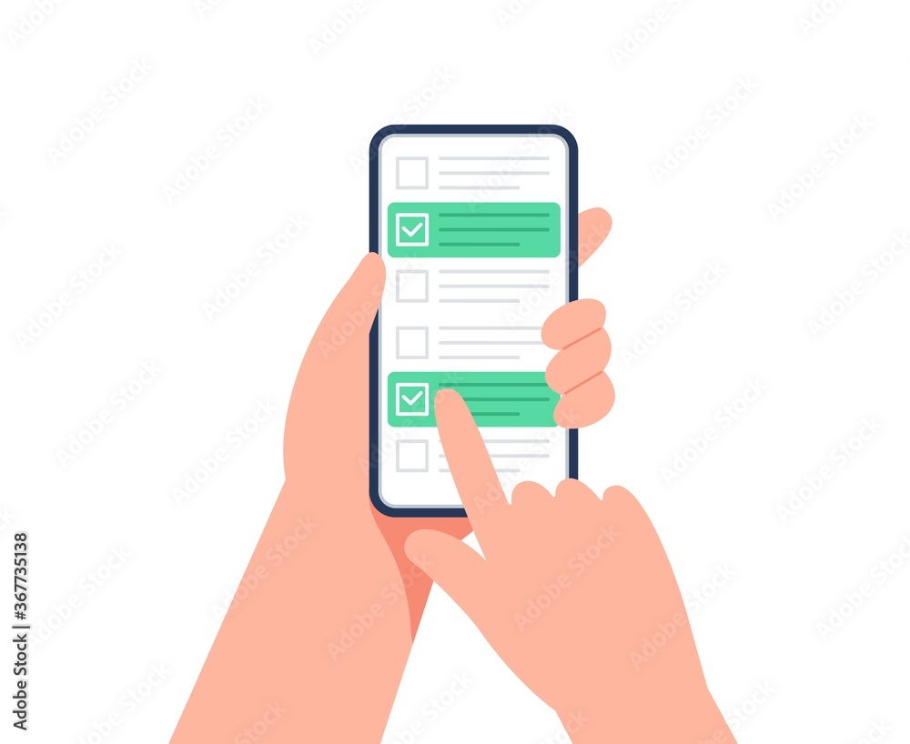 Online survey concept. A man holds a smartphone in his hands, takes part in an online test. Online choice, electronic voting concept. Flat vector illustration. Online survey concept. A man holds a smartphone in his hands, takes part in an online test. Online choice, electronic voting concept. Flat vector illustration.