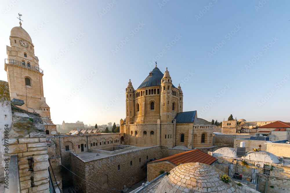 Wide view on the Dormitsion abbey in Jerusalem at sunset