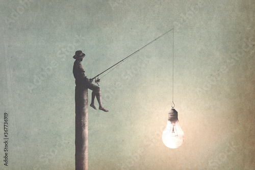 illustration of man fishing new ideas, creativity surreal concept photo