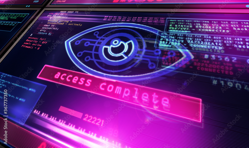 Cyber spying hacking and supervise eye symbol on screen illustration Cyber spying hacking and supervise eye symbol on screen illustration
