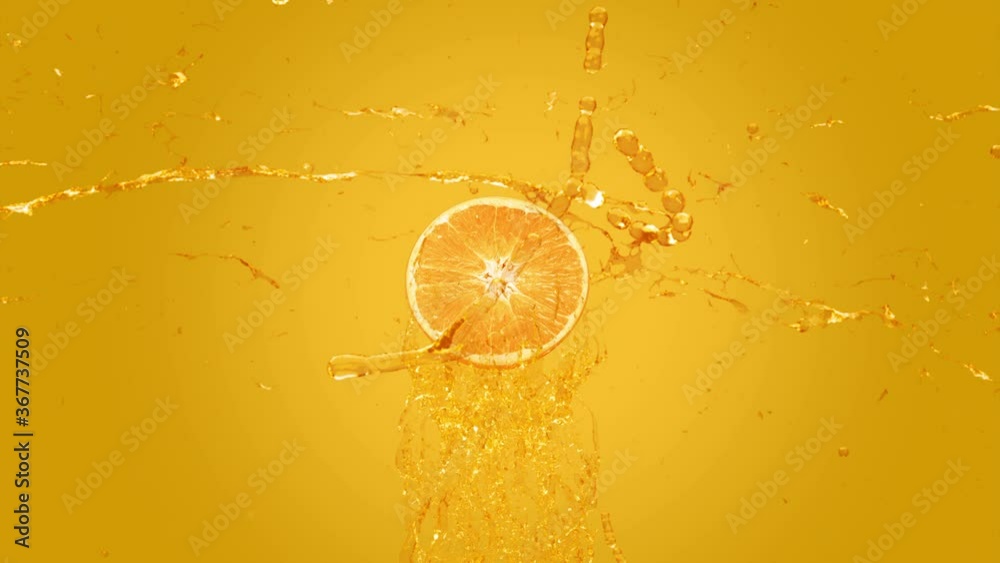 Splash Fresh Orange Juice. Explosion Orange juice liquid with Orange fruit on orange gradient background. 3D Render. 4k render. Alpha, Luma matte included.