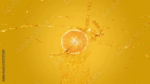 Splash Fresh Orange Juice. Explosion Orange juice liquid with Orange fruit on orange gradient background. 3D Render. 4k render. Alpha, Luma matte included.