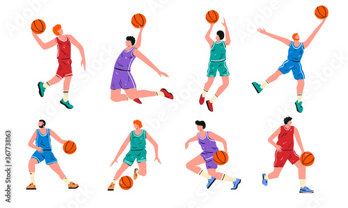 Set of basketball players isolated on white background in cartoon flat style. 