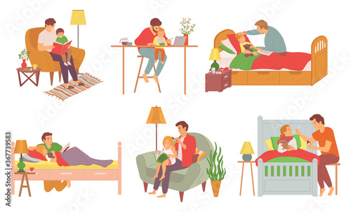 Father care feeding kid vector. Set of father care concepts on white. Daddy reading stories for child laying in bed, parent combing hair of daughter with book, ill treatment and caring. Father day