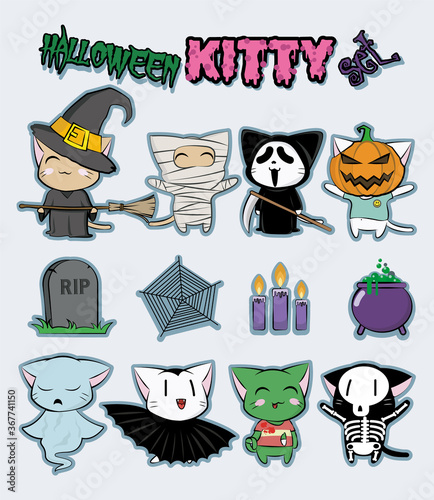 Halloween Cats, Halloween Costume Characters, Witch, Mummy, Death, Evil Pumpkin, Bat, Ghost, Zombie, Skeleton 