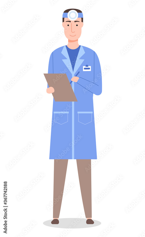 Vector cartoon character isolated at white. Otolaryngologist wearing medical gown holding clipboard with anamnesis. Doctor ent with tools checking ear, nose, throat. Medical concept, flat style Vector cartoon character isolated at white. Otolaryngologist wearing medical gown holding clipboard with anamnesis. Doctor ent with tools checking ear, nose, throat. Medical concept, flat style