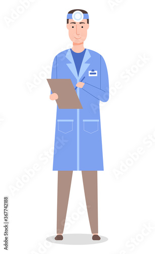 Vector cartoon character isolated at white. Otolaryngologist wearing medical gown holding clipboard with anamnesis. Doctor ent with tools checking ear, nose, throat. Medical concept, flat style