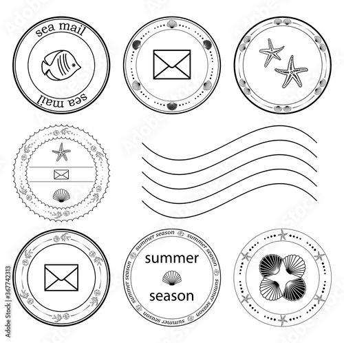sea postage stamps with fish and shells and starfish - vector set