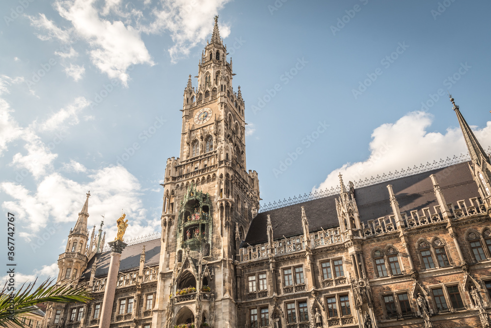 The Neue Rathaus (New Town Hall) is a magnificent neo-gothic building in Munich. Marienplatz is a central square in the city centre of Munich, Germany. It has been the city's main square since 1158