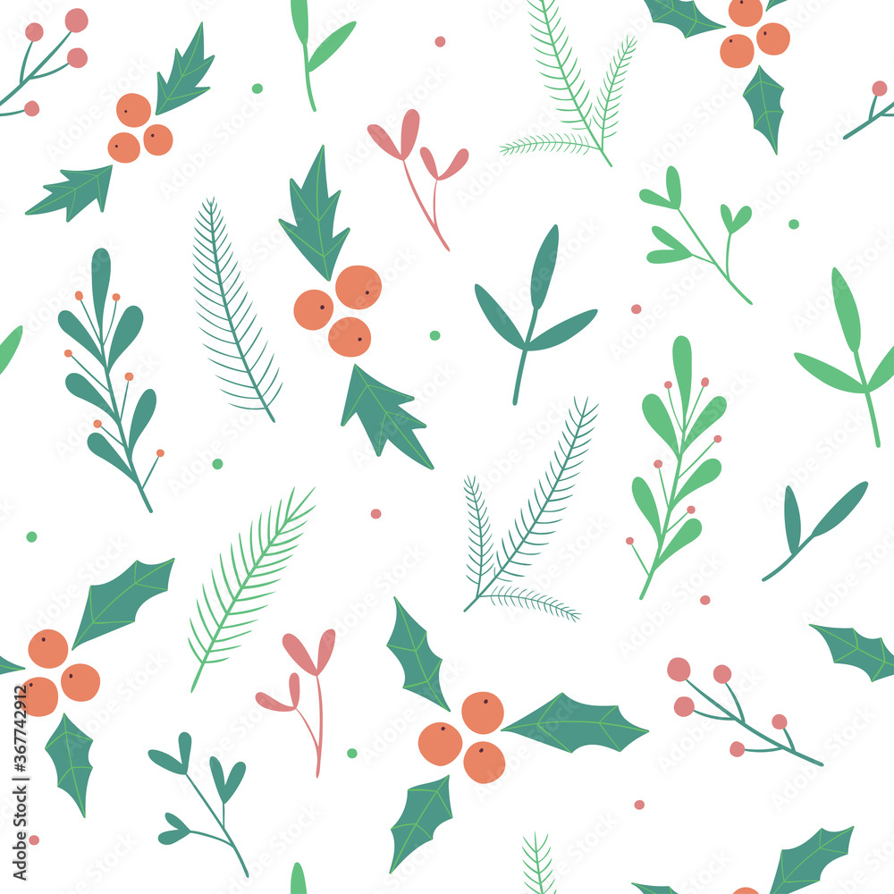 Fototapeta premium Winter floral pattern. Vector seamless pattern for Christmas, New year with botanical elements. Flat illustration. Decoration for gift wrapping paper, fabric, clothing, textiles, scrapbook.