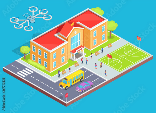 Quadcopter flying over school building, pupils in education place, bus and car going by road. Drone security, aerial control, modern wireless device with propeller, discovery innovation, gadget vector