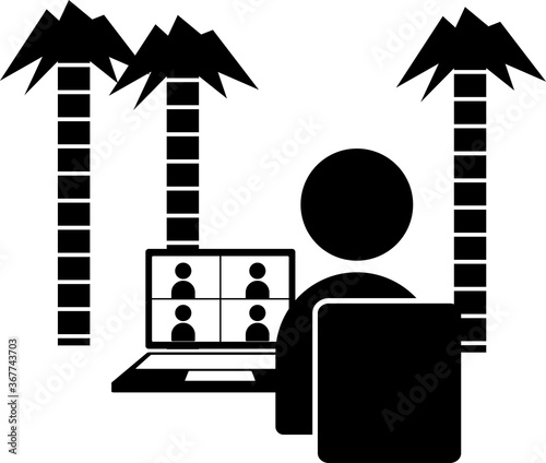 ワーケーションのアイコン、長期休暇中に観光地先でビデオ会議をする人のイラスト