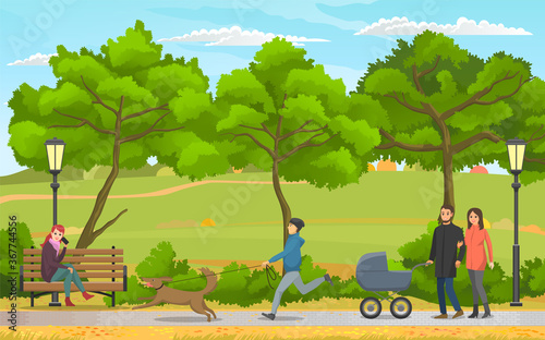 People on a walk in autumn city park. Happy young family with a baby in stroller, girl sitting on a bench talking on the phone, guy runing walking with a dog. People walk outdoors, family weekend