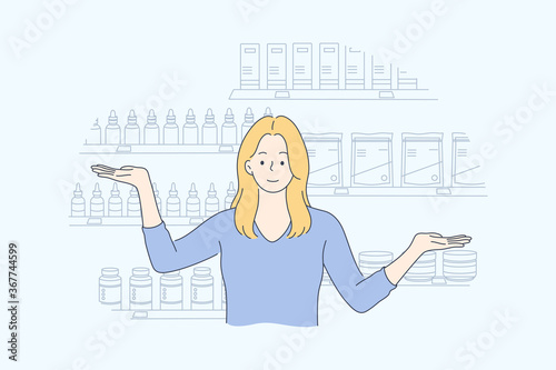 Health, care, medicine, presentation, advertisement, pharmacy concept. Young happy smiling woman girl cartoon character presenting drugstore and looking at camera. Demonstration of drugs or medication