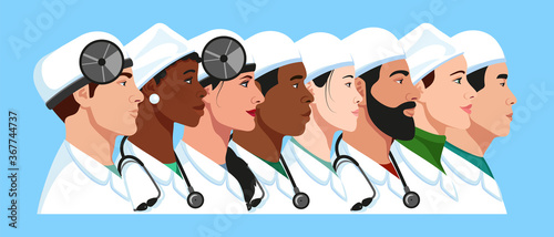 International doctors team avatars set: men and women physicians profile full face icons. European, African American, Asian, Arabic therapists, ENTs portrait collection.