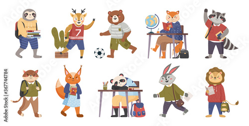 Animals students funny collection in cartoon. Smart animals students on education writing, reading books, pupils studying. Back to school set. Cute forest friends with books studying. Childish vector