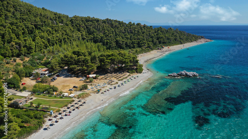 Aerial drone panoramic photo of famous turquoise paradise beach of Milia covered with pine trees, Skopelos island, Sporades, Greece © aerial-drone