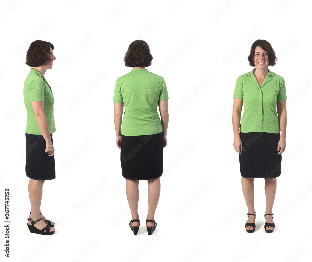 side wiew fron and back woman on white side wiew fron and back woman on white