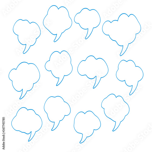 Set of blue speech bubbles. Cartoon Vector illustration. Isolated on transparent white background. Hand draw style, dialog clouds.